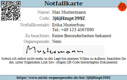 Notfallkarte mit Code